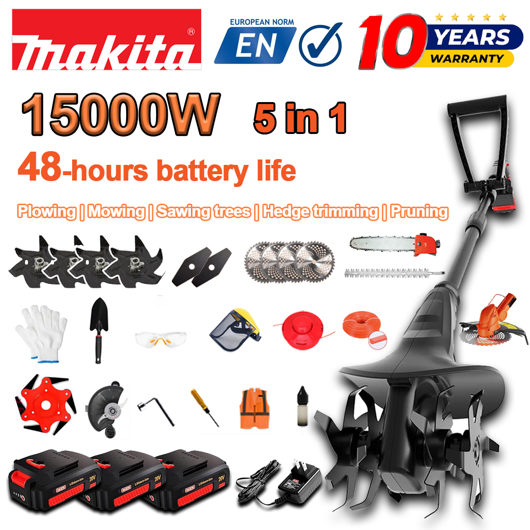 (Življenjska doba baterije 48 ur) 15000 W plug + 96 V litijeva baterija * 3 + kosilna glava * 1 + žaga * 1 + glava škarij za živo mejo * 1 + hitri polnilnik * 1 + lopata * 1 + ravni nož * 2 + nož ​​za plug * 4 + žagin list * 1 + rezalni nož * 1 + razni dodatki rezalna vrv * 1