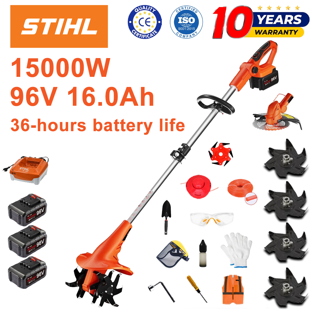 (Življenjska doba baterije 36 ur) 15000 W plug + 96 V 16,0 Ah litijeva baterija * 3 + kosilna glava * 1 + hitri polnilnik * 1 + lopata * 1 + ravno rezilo * 2 + rezilo pluga * 4 + žagin list * 1 + rezilo * 1 + kosilna vrv * 1 + različni dodatki