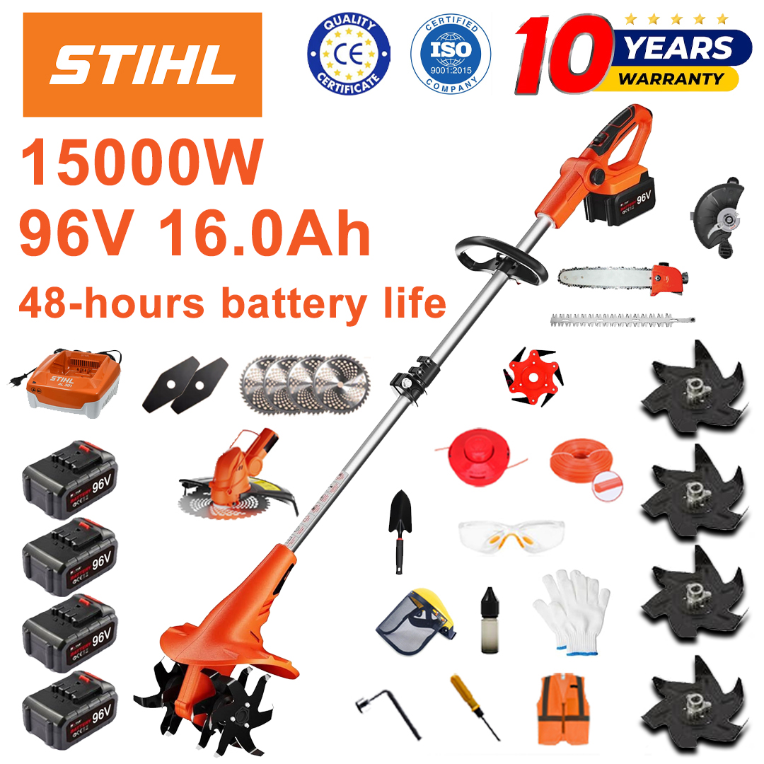 (Življenjska doba baterije 48 ur) 15000 W plug + 96 V 16,0 Ah litijeva baterija*4+kosilna glava*1+žaga*1+glava škarij za živo mejo*1+hitri polnilnik*1+lopata*1+ravno rezilo*2+pložno rezilo*4+aluminijski žagin list*1+kosilni list*1+kosilna vrv*1+različni dodatki