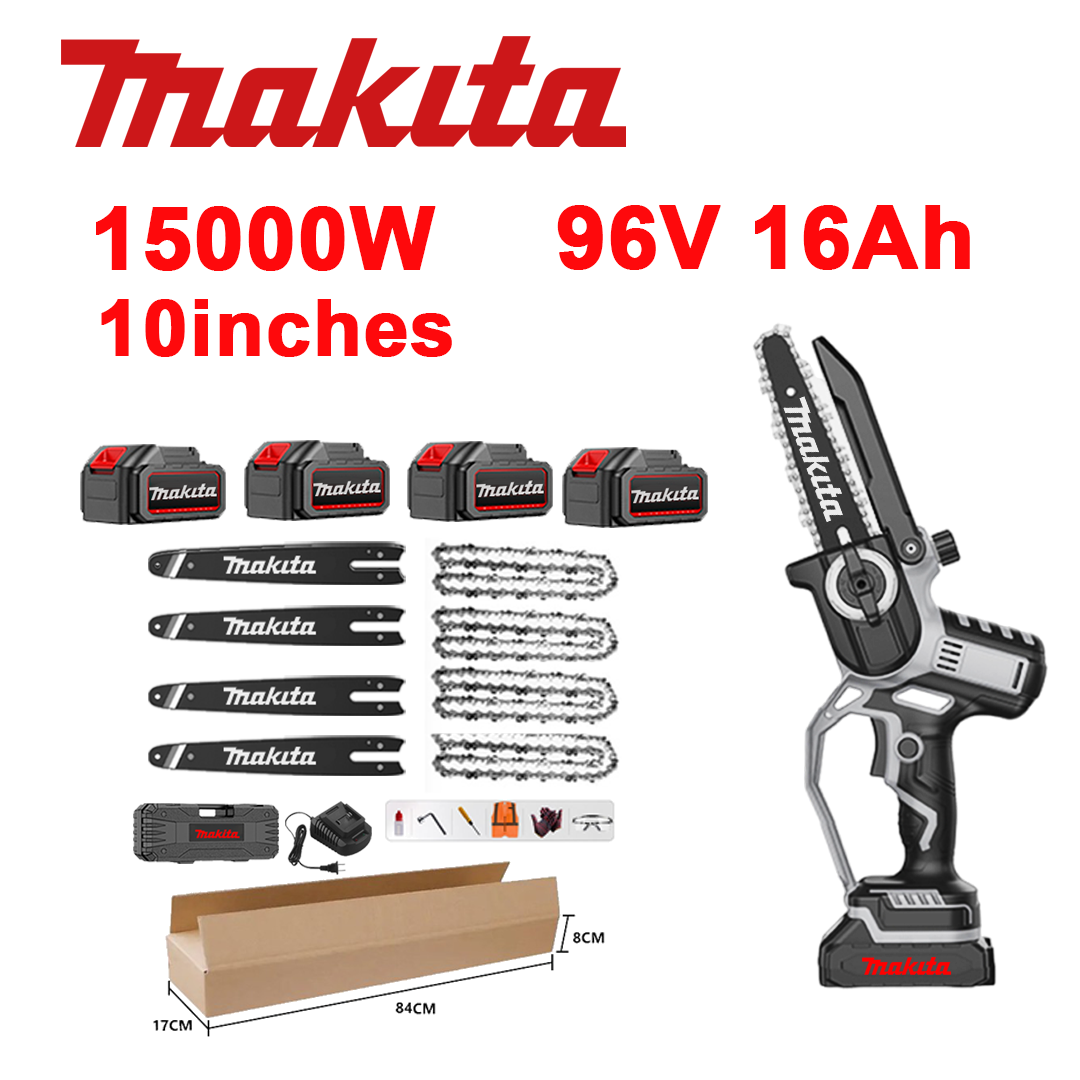 10-palčna brezkrtačna litij-ionska žaga, moč 15.000 W, 96 V 16,0 Ah baterija*4, polnilec, vodilo*4, veriga*4, škatla za orodje, olje za mazanje in varnostna očala, petletna garancija